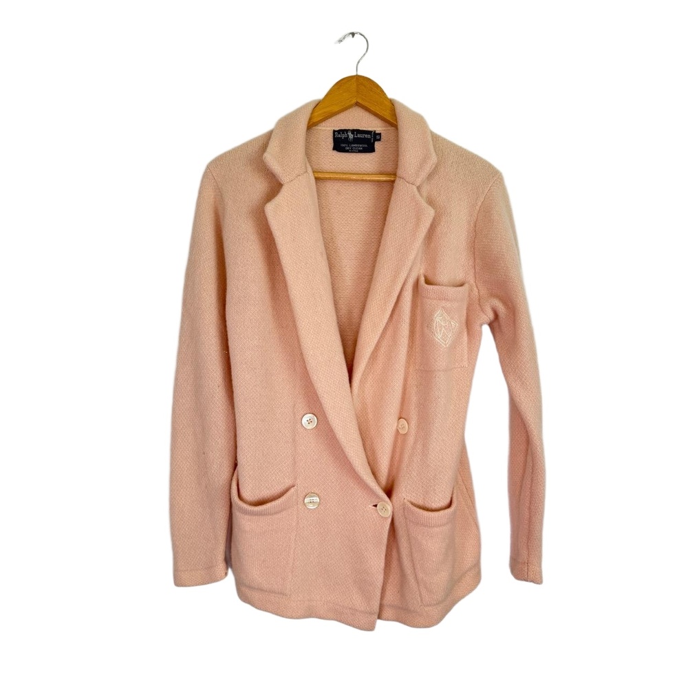 Ralph Lauren Womens M Peach Knit Double Breasted Blazer Vintage 1980s Lambswool